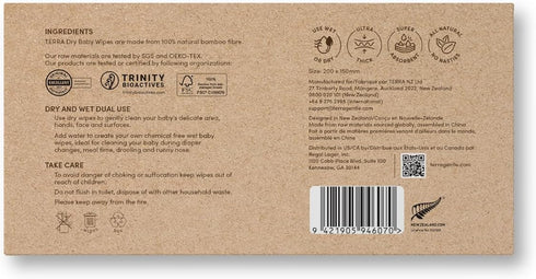 1 Pack 48 Terra Bamboo Dry Baby Wipes: Biodegradable Bamboo Fiber Wipes, Unscented, Sensitive Skin