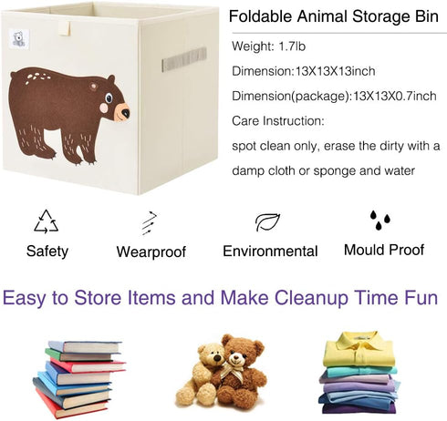 CLCROBD Foldable Animal Cube Storage Bins, Fabric Toy Box/Chest/Organizer for Toddler/Kids Nursery, 13 inch (Bear)