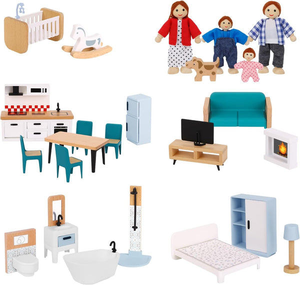 OOOK Wooden Dollhouse Furniture Set for Kids, 26 Pcs Dollhouse Accessories with