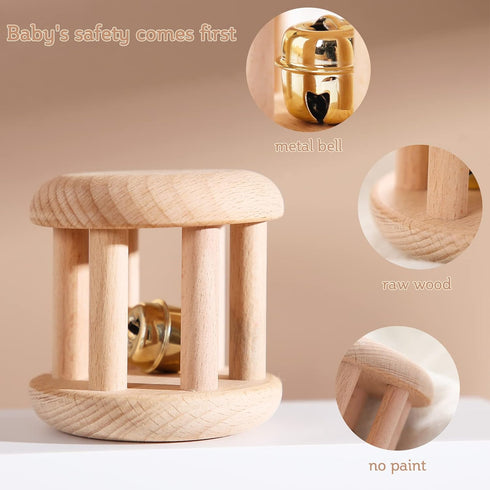 Promise Babe Infant Gym Organic Wooden Rattle, Wooden Bells Rattles for Nursing Shower Gifts, Waldorf Toys