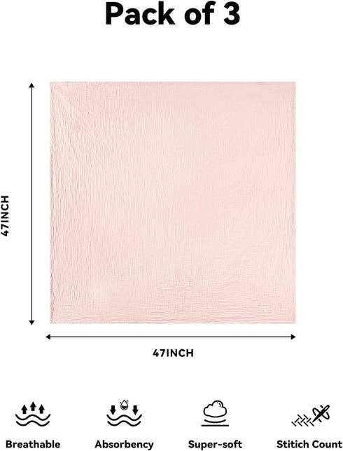 3 Pack 47"X47", TILLYOU Muslin Swaddles for Newborns, Breathable and Soft Baby Blankets for Girls Boys, Cotton Blanket