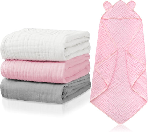 Preboun 3 Pcs Muslin Baby Hooded Towels Cotton Absorbent 6 Layers Cute
