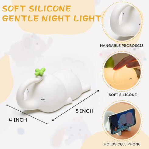 FRDEV 3 Dimmable Silicone Night Light for Kids, Squishy Elephant Lamp - Level Rechargeable with Timer, Safe Bedside