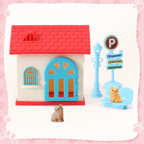Golray 66Pcs Cat Toys for Kids, 3 In 1 Pet Pretend Play Toys with Cat Figurines, DIY Cat Tree & Playground