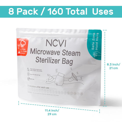8 Count(160 NCVI Microwave Steam Sterilizer Bag for Baby Bottles Uses), Large Reusable Travel Sterilization Pouches