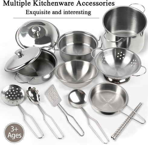 Mini Kids Stainless Steel Cookware Kitchen Cooking Toys Pretend Utensils with Cookware Play Pots and Pans Playset ,Cooking Utensils Pot Rack Organizer Storage Bag for Toddlers (Tiny Size)