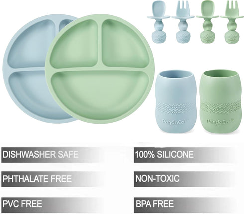 PandaEar Silicone Baby Feeding Set| 2 Pack Silicone Divided Suction Plate and 2 Pack Tiny Cup with 2 Spoons 2 Forks| Baby Led Weaning Supplies Self Feeding Eating Utensils (Blue/Green) by PandaEar
