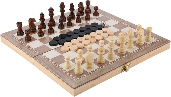 Wooden 3-in-1 Folding Board Game Toy, Chess & Checkers & Backgammon, Portable Travel Tabletop Game