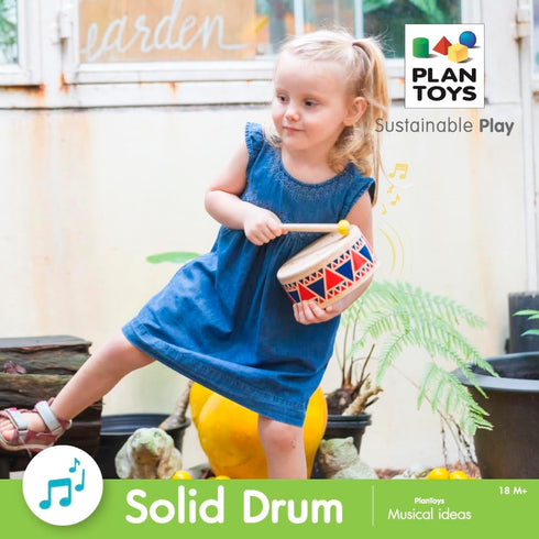 PlanToys Solid Drum Toddler Musical Instrument - Sustainably Made from Rubberwood with Organic-Pigment Coloring