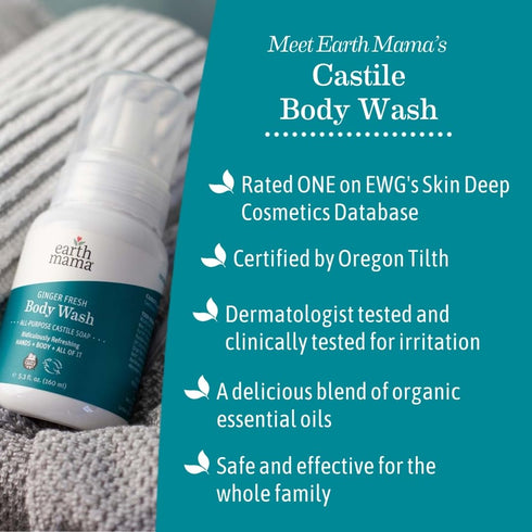 Earth Mama 5.3 oz Ginger Fresh Foaming Hand Soap and All Purpose Body Wash for Sensitive Skin, Liquid Castile Soap