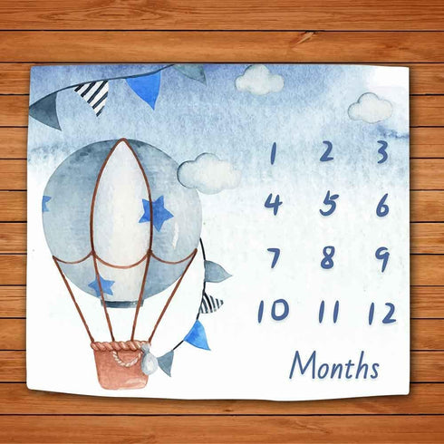 Blue Baby Monthly Milestone Blanket, Cartoon Hot Air Balloon Star, 48x40 Inches