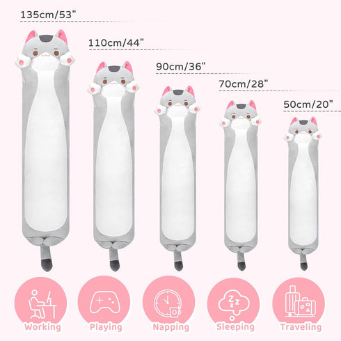 Long Cat Plush Body Pillow, 53 Inch Cute Gray Cat Stuffed Animal, Kawaii Plush Throw Pillow Gift