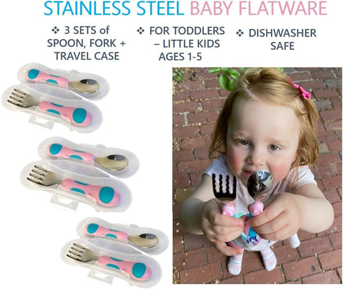 Toddler Utensils - Kids Silverware Set with Travel Case x 3 - Stainless Steel Forks Spoons for 1 2 3 4 Year Old. Metal Lunch Cutlery for Children Girls, Round Handle for Lunch-Box, 6 Pieces Pink Blue by kinsho