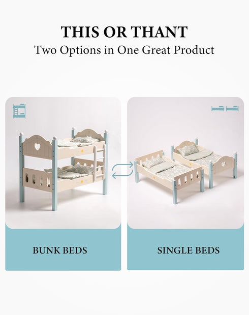 20 Inch WRP10 ROBUD Baby Doll Crib, Wooden Baby Doll Beds for Dolls, Blue Baby Doll Bunk Beds with Tulle, American Girl