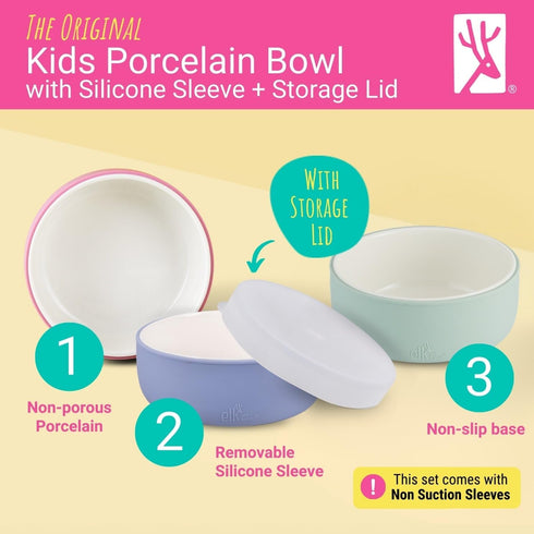 Elk and Friends Kids Porcelain Bowls with Silicone Sleeve + Silicone Lid | Kids/Toddler/Baby Feeding | Microwave