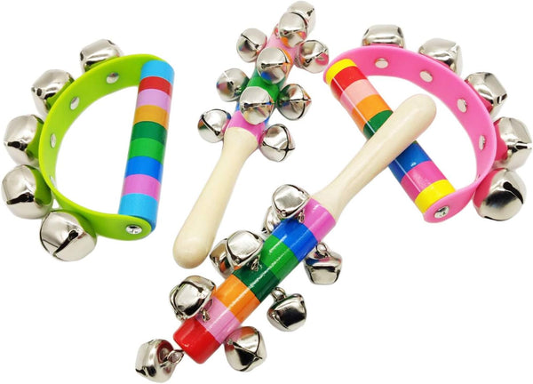 4 Pcs Vivid Color Rainbow Handle Wooden Bells, Jingle Stick Shaker Rattle with 5/10 Jingle Bells for Kids