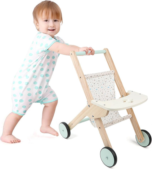Wooden Baby Walker Doll Stroller - Baby Push Walker & Shopping Cart Learning Toy for Boys and Girls
