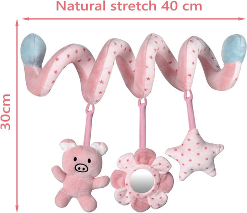 Infant Baby Pink Pig Spiral Activity Hanging Toys for Car Seat, Stroller Bar, Crib Mobile with Mirror