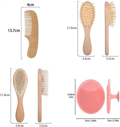 BRH 4 Set, Set Piece Wooden Baby Hair Brush and Comb Wooden Baby Care Kit with Soft Goat Bristle Brush,Baby Massage