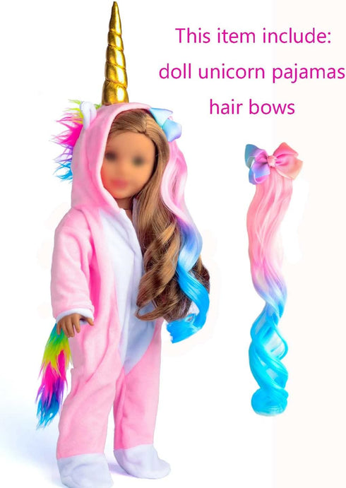 18 Inch Doll Clothes Unicorn Onesie Pajamas with Rainbow Color Hair Bow Clips Costume (Doll Not Included)