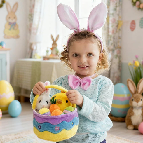 AMSHINE 7 Playset Bakset Pcs Easter Basket Plush with Bunny Chick Egg Carrot, My First Easter Stuffers Toys Gifts