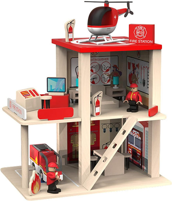 Wooden Fire Station Playset, Multicolor 3-Level Dollhouse with Figures and Accessories for Kids Age 3+