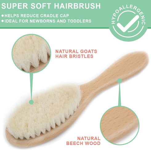 Baby Hair Brush and Comb Set, 4 Piece Wooden Soft Bristle Set for Newborn Girl, Boy, Toddler