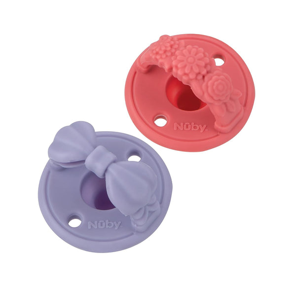 Nuby 3-D Sili Soother Pacifiers, 2 Pack with Soft Handle and Two Safety Air Holes, 0+ Months, Purple Bow and Pink