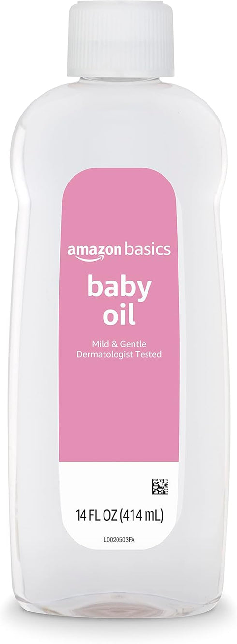 14 oz, 4-Pack Amazon Basics Baby Oil, Mild & Gentle, Dermatologist Tested, Prevents Moisture Loss, Dry Skin Relief, fl