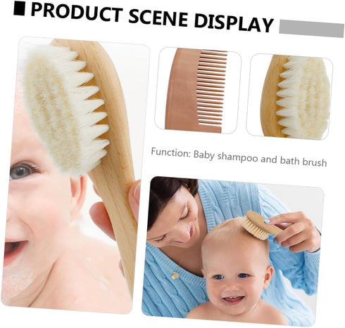 Set Baby Hair Wash Brush Soft Wool Sink Bath Bathing Tool Wooden Comb for Newborn