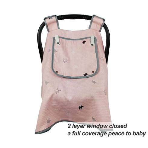ICOPUCA Car Seat Covers for Babies, Muslin Carseat Cover Girls, Lightweight Canopy with Window (Pink Crown)