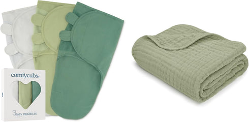 Comfy Cubs Easy Swaddle Blanket, 3 Pack, Large for 3-6 Months Infants and Muslin