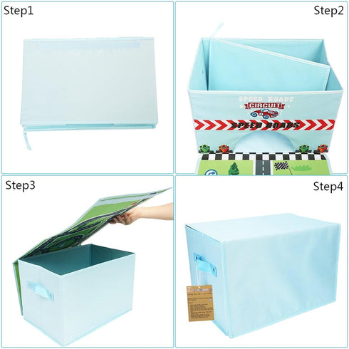 Livememory Toy Cars Garage Box, 2 in 1 Storage Box with Speed Roads for Car Toys, Sky Blue