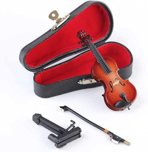 Dselvgvu Wooden Miniature Violin with Stand, Bow, and Case, Mini Musical Instrument Dollhouse Model Ornament Home