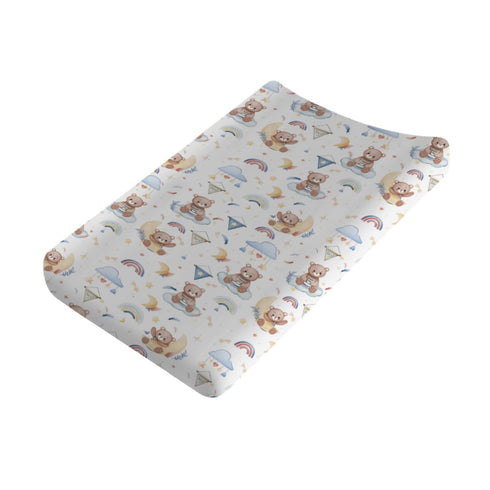 Cute Bear Changing Pad Cover, Cartoon Bear Rainbow Moon Stars Clouds for Boys Girls, Soft Stretchy Fitted Mats 32''x16''