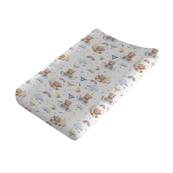 Cute Bear Changing Pad Cover, Cartoon Bear Rainbow Moon Stars Clouds for Boys Girls, Soft Stretchy Fitted Mats 32''x16''