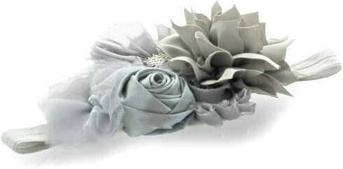 My Lello Shabby Fabric Flower Cluster Headband - Infant, Toddler, Girl - Stretchy Elastic Gray