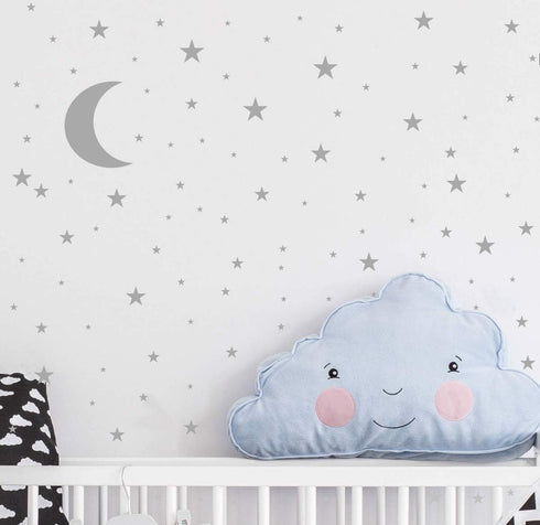 Moon and Stars Wall Decal Vinyl Sticker for Kids Room Decoration, Good Night Nursery Wall Decor (Gray)