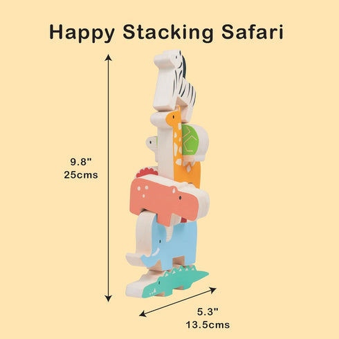 Happy Stacking Safari – 7pc Wooden Stacking Toy for Toddlers – Colorful Balancing Activity Toy with Bag