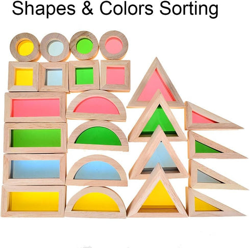 BOHS Rainbow Sensory Blocks (24 pcs) - Wooden Toddler Toys for Light Table/Sunny Window Play