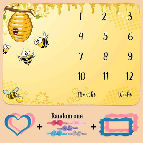 Baby Age Milestone Blanket, Bee Honeycomb Blanket for Nursery, Baby 1-12 Months Growth Chart, includes 4 Frame and 1 Headband 47"x40" BTQQPH33 by PHMOJEN