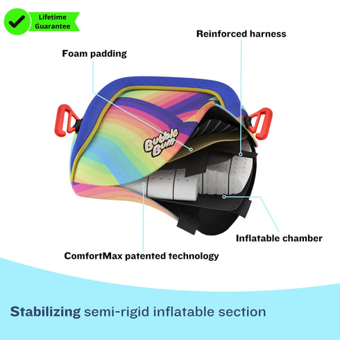 bubblebum Rainbow Inflatable Backless Booster Car Seat, Portable Travel Booster for Kids 40-100 lbs, Compact 4-10 Years