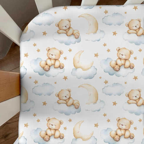 Pynnlts 52x28in Cartoon Bear Baby Crib Sheets Fitted Crib Sheet for Boys Girls Cute Bear Moon Stars Clouds Baby Sheet