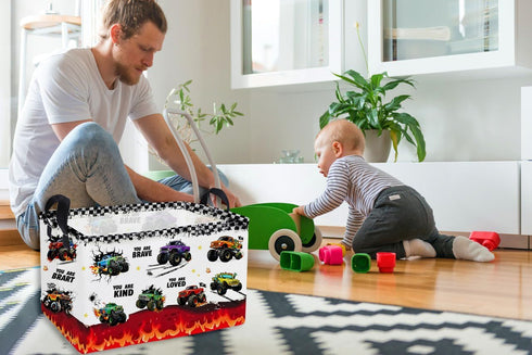Essme Rectangular Kids Baskets,Monster Truck Storage Box,Cute Basket for Kids with Handles for Room Decor, Book