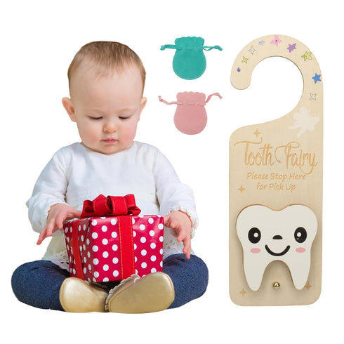 YROJISU Tooth Fairy Tooth Holder, Room Decor Tooth Fairy Door Hanger with Money Slot, Keepsake Bag & Elegant Patterns
