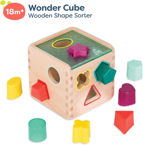 B. toys Wonder Cube, Developmental Toy Wooden Shape Sorter for Toddlers, Kids 18 Months +
