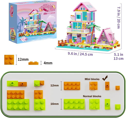 8+, Set 791pcs MindBox Girl Beach House Building Blocks Toys for Girls Age Seaside Villa Friends Building with Light
