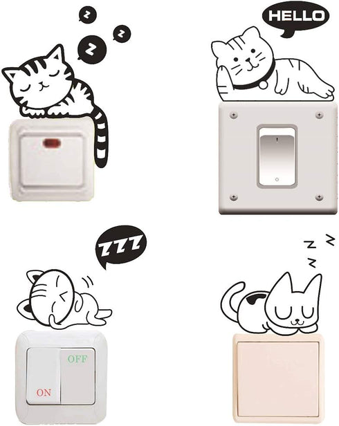 Cute Black Sleeping Cats Cartoon Wall Sticker, 4 Pcs Removable Switch Sticker, Light Switch Decor