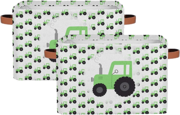 Truck Car Storage Basket, Green Tractor Foldable Storage Bin with Handle Fabric