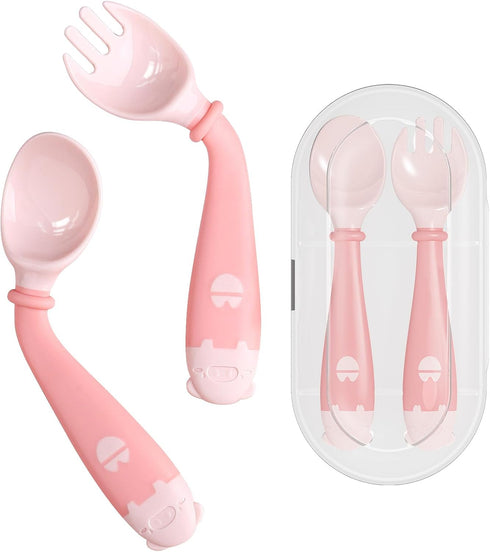 Deejoy Toddler Utensils with Travel Case, Silicone Bendable Handle Baby Spoons and Forks Set for Self Feeding (Pink)